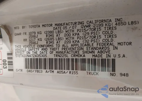 2007 Toyota Tacoma z USA, uszkodzony, nr VIN 5TETX22N47Z435305